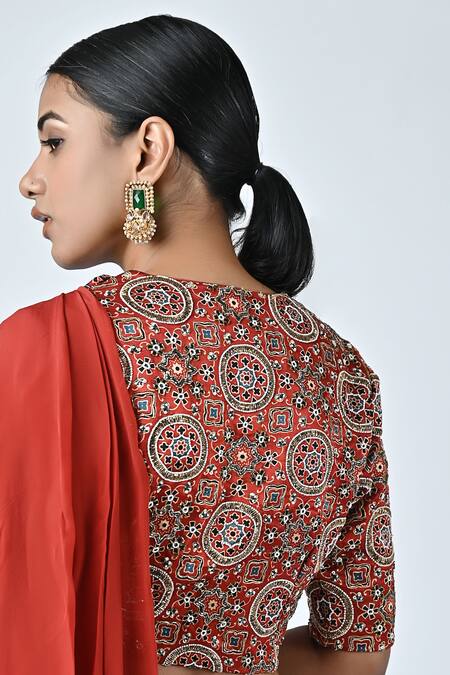 Sejal Kamdar_Red German Satin Printed And Hand Pre-draped Ruffle Saree With Blouse  _at_Aza_Fashions