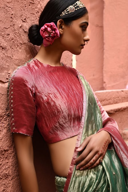 Buy_Deep Thee_Green Tissue Zari, Embroidery Round Neck Metallic Saree With Blouse _Online_at_Aza_Fashions