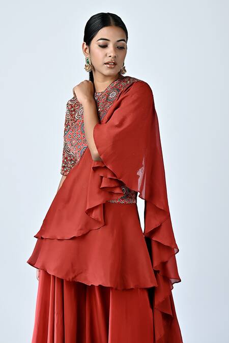 Sejal Kamdar_Red German Satin Printed And Hand Embroidered Blouse Flared Pant Set  _Online_at_Aza_Fashions