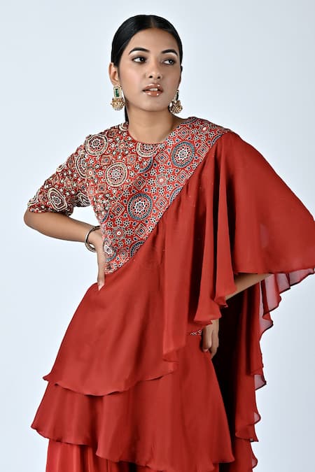 Buy_Sejal Kamdar_Red German Satin Printed And Hand Embroidered Blouse Flared Pant Set  _Online_at_Aza_Fashions