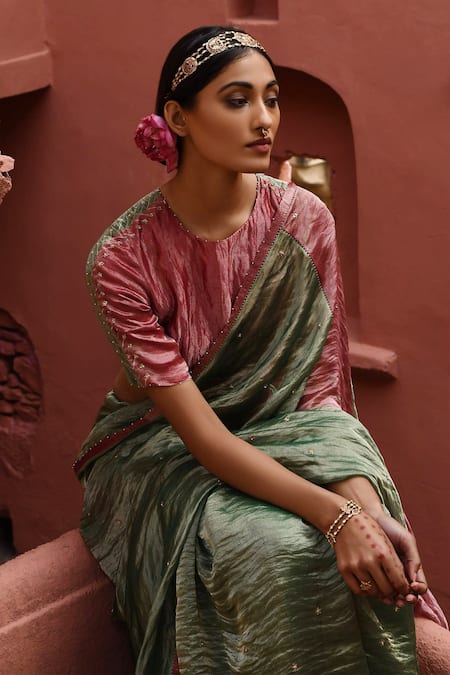 Shop_Deep Thee_Green Tissue Zari, Embroidery Round Neck Metallic Saree With Blouse _Online_at_Aza_Fashions