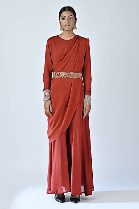 Sejal Kamdar_Red Crepe Embroidery, Cut Work Round Neck Flared Draped Jumpsuit _Online_at_Aza_Fashions