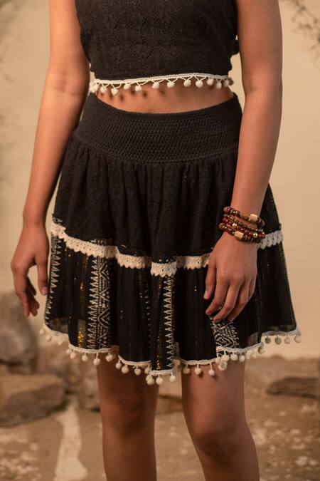 Shop_Label Reyya_Black Rayon, Cotton Pom-poms, Lace Open Neck, Geometric Striped Jacket Skirt Set_Online_at_Aza_Fashions