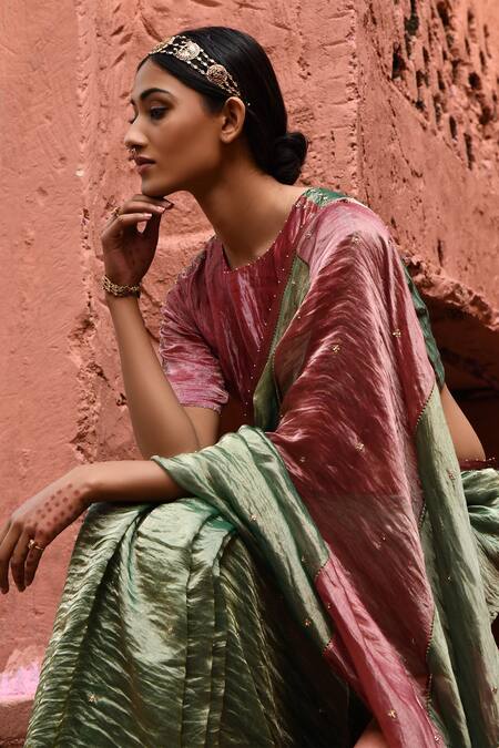 Deep Thee_Green Tissue Zari, Embroidery Round Neck Metallic Saree With Blouse _at_Aza_Fashions