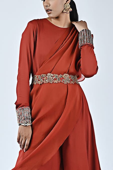 Buy_Sejal Kamdar_Red Crepe Embroidery, Cut Work Round Neck Flared Draped Jumpsuit _Online_at_Aza_Fashions