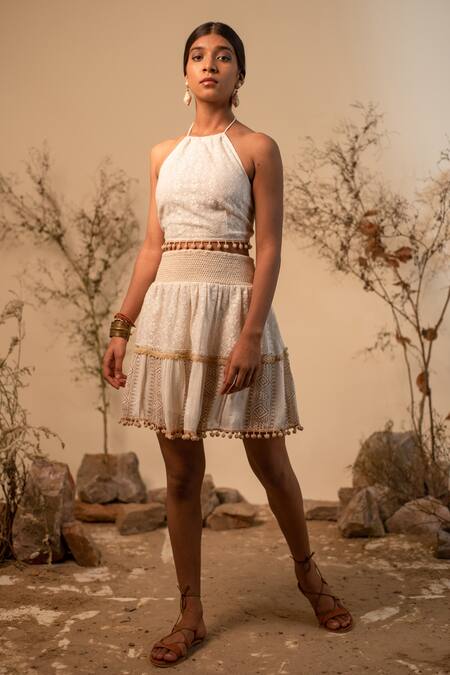 Label Reyya_Off White Rayon, Cotton Pom-poms Open Neck, Stripe Pattern Jacket Skirt Set _Online_at_Aza_Fashions