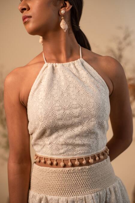 Buy_Label Reyya_Off White Rayon, Cotton Pom-poms Open Neck, Stripe Pattern Jacket Skirt Set _Online_at_Aza_Fashions