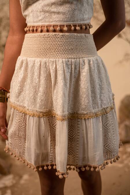Shop_Label Reyya_Off White Rayon, Cotton Pom-poms Open Neck, Stripe Pattern Jacket Skirt Set _Online_at_Aza_Fashions