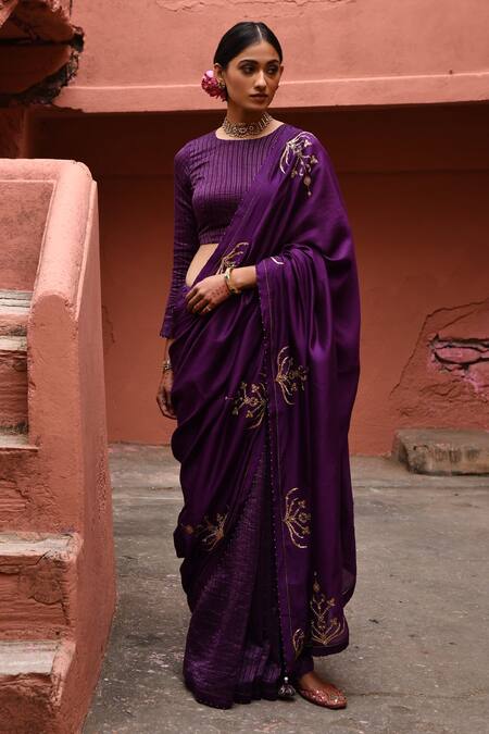 Deep Thee_Purple Silk, Chiffon Beads, Embroidery Round Neck Saree With Blouse _Online_at_Aza_Fashions