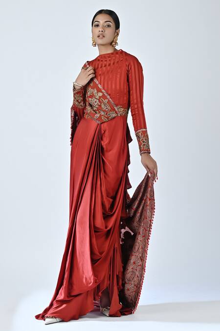 Buy_Sejal Kamdar_Red German Satin Printed And Hand Embroidered Ajrakh Draped Saree Gown  _Online_at_Aza_Fashions
