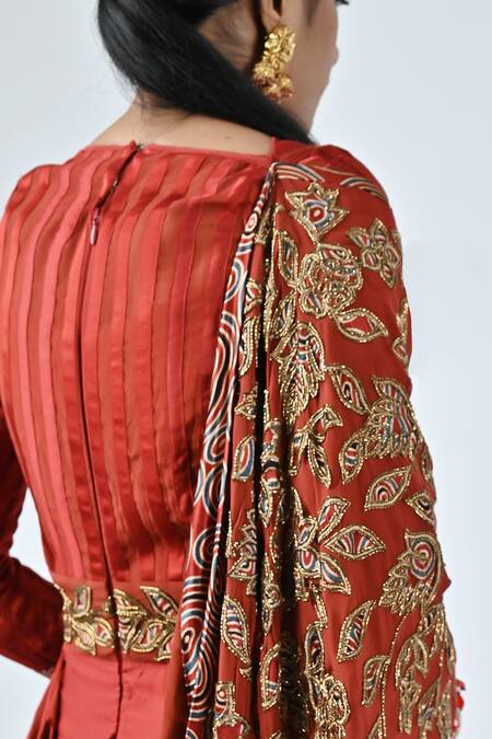 Shop_Sejal Kamdar_Red German Satin Printed And Hand Embroidered Ajrakh Draped Saree Gown  _Online_at_Aza_Fashions
