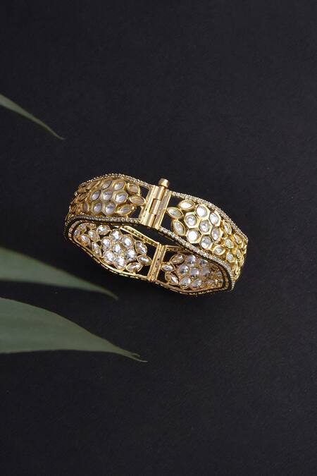 Swabhimann_Gold Plated Diamonds, Zari Geometric Pattern Kundan Embellished Kada _Online_at_Aza_Fashions