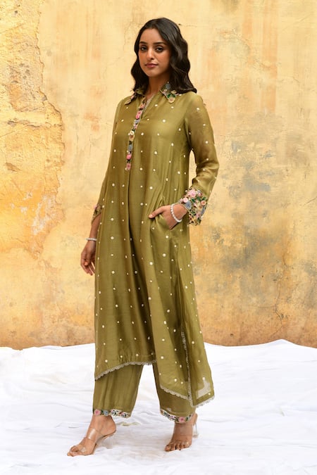 Label Niti Bothra_Green Silk Embroidery Collared Polka Dot Long Shirt Kurta And Palazzo Set _at_Aza_Fashions