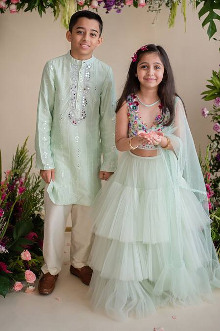 PA:Paa_Green Tulle Embroidery Applique Layered Lehenga Set_Online_at_Aza_Fashions