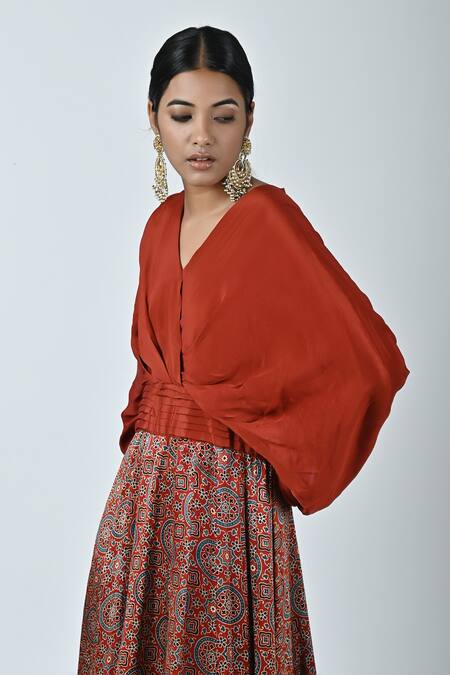Sejal Kamdar_Red Crepe Silk Printed And Hand Embroidered Ajrakh V Neck Gown _Online_at_Aza_Fashions