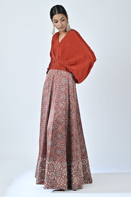 Buy_Sejal Kamdar_Red Crepe Silk Printed And Hand Embroidered Ajrakh V Neck Gown _Online_at_Aza_Fashions