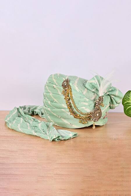 Shop_Soniya G_Green Embroidery Bandhani Mirror Safa_Online_at_Aza_Fashions