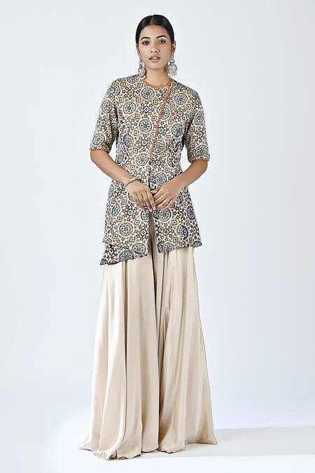 Sejal Kamdar_Beige German Satin Printed And Hand Embroidered Top & Flared Pant Set  _Online_at_Aza_Fashions