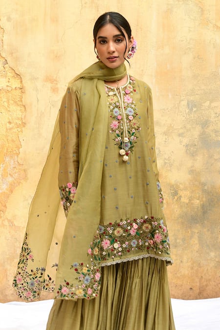 Label Niti Bothra_Green Silk Embroidery, Lace Round Neck Flower Vine Kurta And Sharara Set _Online_at_Aza_Fashions