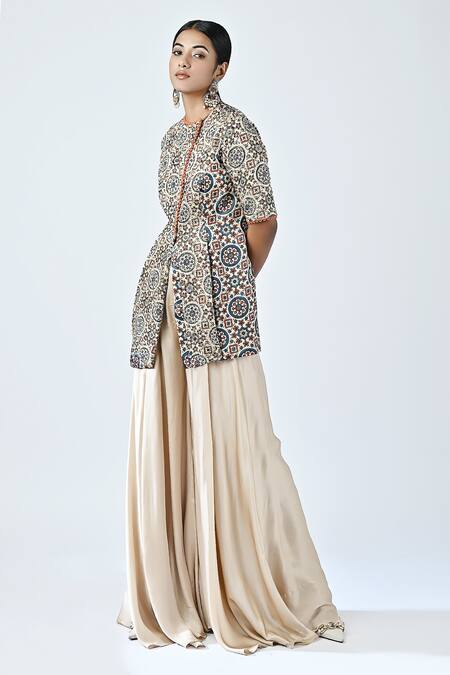 Buy_Sejal Kamdar_Beige German Satin Printed And Hand Embroidered Top & Flared Pant Set  _Online_at_Aza_Fashions