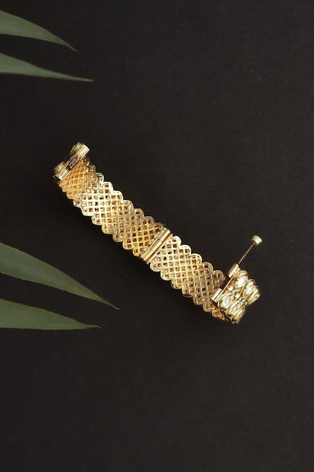 Swabhimann_Green Diamonds, Rhinestones Pear Shaped Kundan Embellished Kada _Online_at_Aza_Fashions