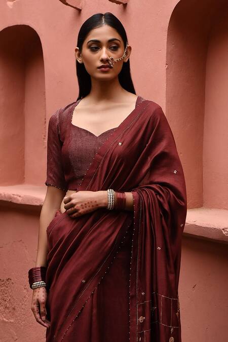 Deep Thee_Maroon Silk Embroidery Boat Neck Zardozi Saree With Blouse _Online_at_Aza_Fashions