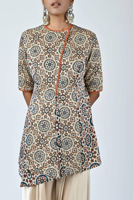 Shop_Sejal Kamdar_Beige German Satin Printed And Hand Embroidered Top & Flared Pant Set  _Online_at_Aza_Fashions