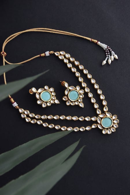Swabhimann_Green Diamonds, Stones Kundan Work Necklace Set _Online_at_Aza_Fashions