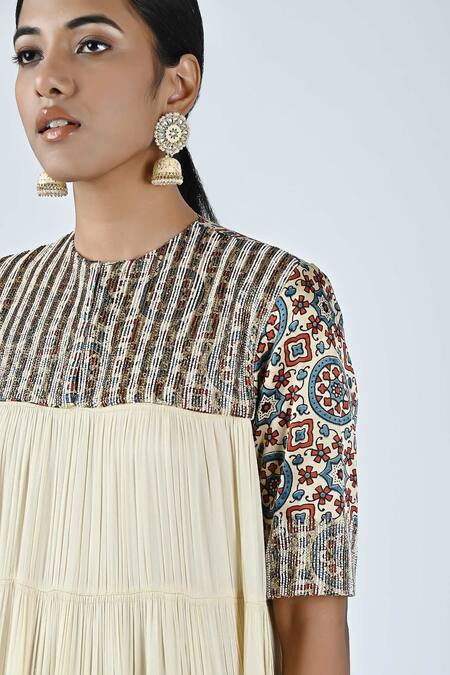 Buy_Sejal Kamdar_Beige Crepe, Satin Zari, Embroidery Round Neck Yoke Tiered Dress _Online_at_Aza_Fashions