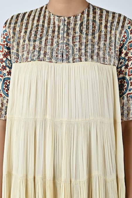 Shop_Sejal Kamdar_Beige Crepe, Satin Zari, Embroidery Round Neck Yoke Tiered Dress _Online_at_Aza_Fashions