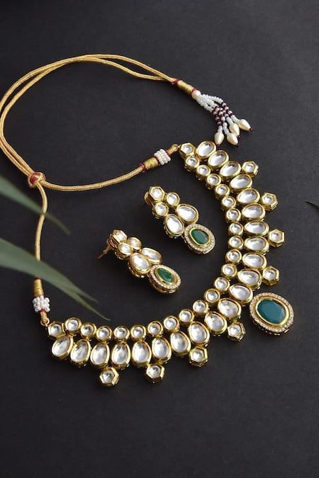 Swabhimann_Green Diamonds, Stones Kundan And Embellished Necklace Set _Online_at_Aza_Fashions