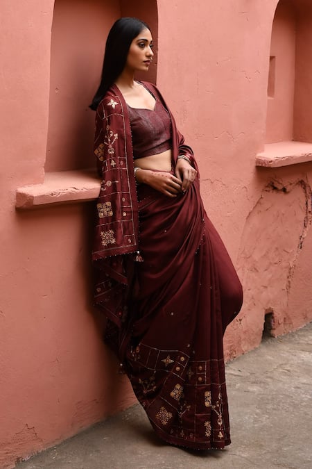Deep Thee_Maroon Silk Embroidery Boat Neck Zardozi Saree With Blouse _at_Aza_Fashions