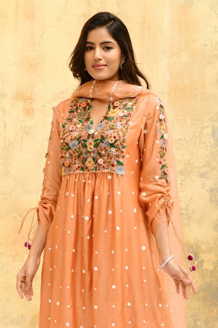 Buy Label Niti Bothra Peach Silk Embroidery V-neck Polka Dot Gathered Sleeve Kurta And Pant Set Online at Aza Fashions Buy_Label Niti Bothra_Peach Silk Embroidery V-neck Polka Dot Gathered Sleeve Kurta And Pant Set _Online_at_Aza_Fashions