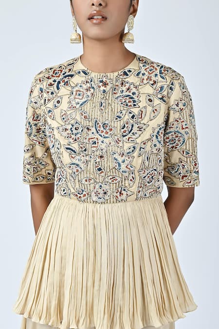 Buy_Sejal Kamdar_Beige Satin Cut Work, Embroidery Round Neck Yoke Peplum Jumpsuit _Online_at_Aza_Fashions