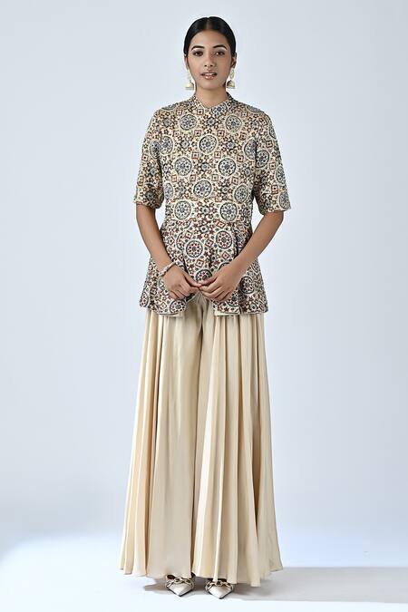 Sejal Kamdar_Beige Satin Crepe Printed And Hand Embroidered Ajrakh Peplum Jumpsuit  _Online_at_Aza_Fashions