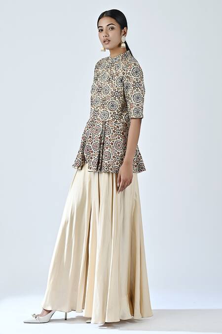 Buy_Sejal Kamdar_Beige Satin Crepe Printed And Hand Embroidered Ajrakh Peplum Jumpsuit  _Online_at_Aza_Fashions