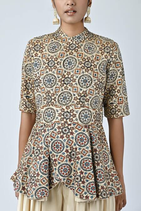 Shop_Sejal Kamdar_Beige Satin Crepe Printed And Hand Embroidered Ajrakh Peplum Jumpsuit  _Online_at_Aza_Fashions
