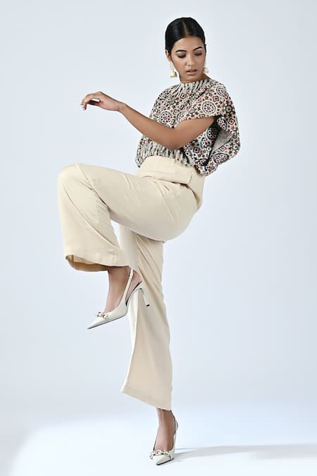 Sejal Kamdar_Beige Crepe, Silk Cut Work, Zari Round Neck Ajrakh Print Yoke Jumpsuit _Online_at_Aza_Fashions