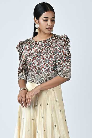 Sejal Kamdar_Beige Gajji Silk Printed And Hand Embroidered Ajrakh Anarkali  _Online_at_Aza_Fashions