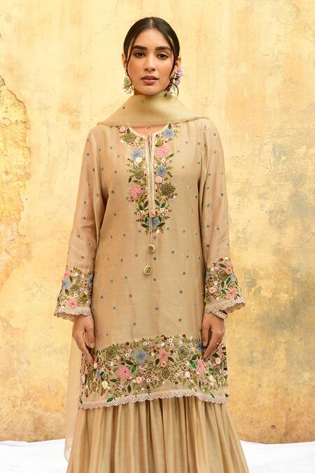 Label Niti Bothra_Ivory Silk, Bamboo Embroidery Round Neck Floral Kurta And Sharara Set _Online_at_Aza_Fashions
