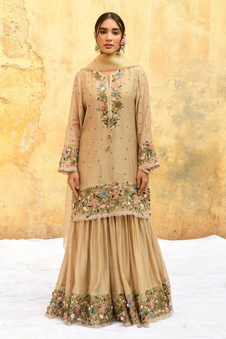 Buy_Label Niti Bothra_Ivory Silk, Bamboo Embroidery Round Neck Floral Kurta And Sharara Set _Online_at_Aza_Fashions