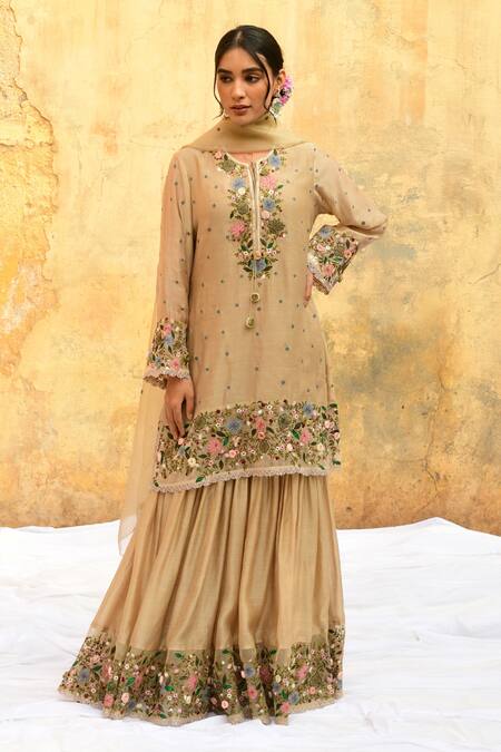 Shop_Label Niti Bothra_Ivory Silk, Bamboo Embroidery Round Neck Floral Kurta And Sharara Set _Online_at_Aza_Fashions