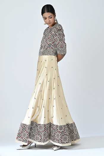 Buy_Sejal Kamdar_Beige Gajji Silk Printed And Hand Embroidered Ajrakh Anarkali  _Online_at_Aza_Fashions