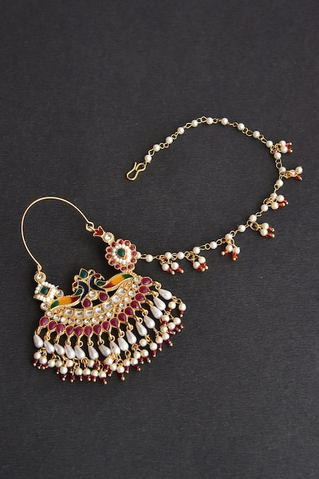 Swabhimann_Red Pearls, Beads Handmade Peacock Motif Nose Ring _Online_at_Aza_Fashions