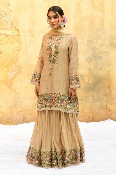 Label Niti Bothra_Ivory Silk, Bamboo Embroidery Round Neck Floral Kurta And Sharara Set _at_Aza_Fashions