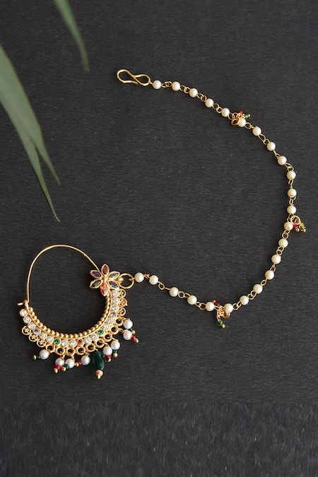 Swabhimann_Green Pearls Gold Tone Floral Nose Ring _Online_at_Aza_Fashions