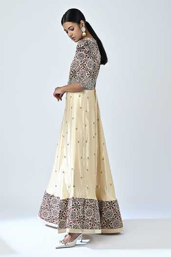 Shop_Sejal Kamdar_Beige Gajji Silk Printed And Hand Embroidered Ajrakh Anarkali  _Online_at_Aza_Fashions