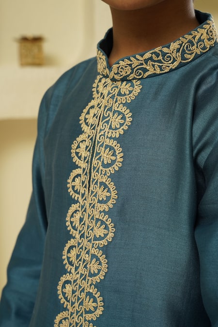 Buy_Rar Studio - Kids_Blue Chanderi, Cotton Embroidery Dori Straight Kurta With Pant_Online_at_Aza_Fashions