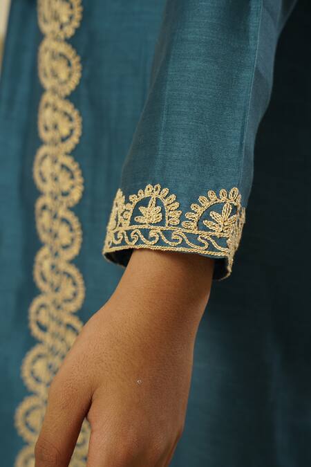 Shop_Rar Studio - Kids_Blue Chanderi, Cotton Embroidery Dori Straight Kurta With Pant_Online_at_Aza_Fashions