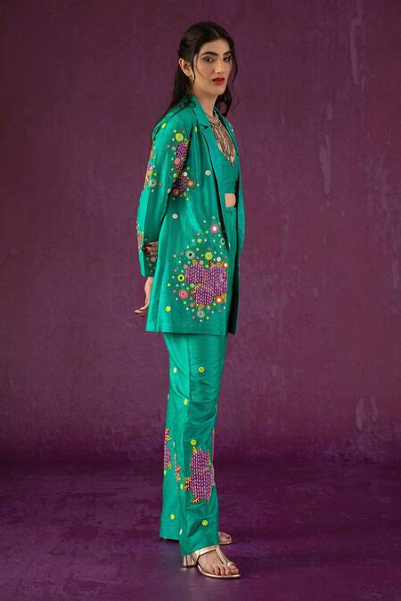 Buy Kacha Tanka Green Dupion Art Silk Floral, Mirror Rose Pattern And Embroidered Blazer Pant Set Online at Aza Fashions Buy_Kacha Tanka_Green Dupion Art Silk Floral, Mirror Rose Pattern And Embroidered Blazer Pant Set _Online_at_Aza_Fashions